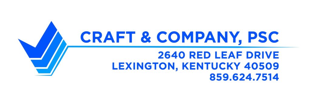 Logo of Craft & Company, PSC, featuring the name in blue with geometric design elements, displaying the address and contact number.